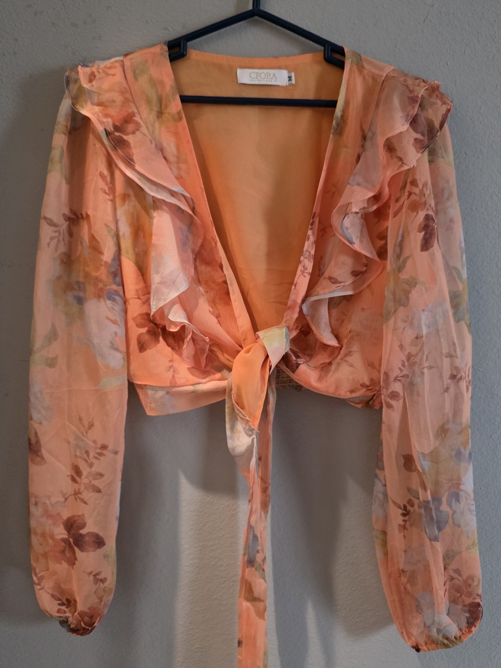 Peach Floral Ruffle Tie-Front Crop Top